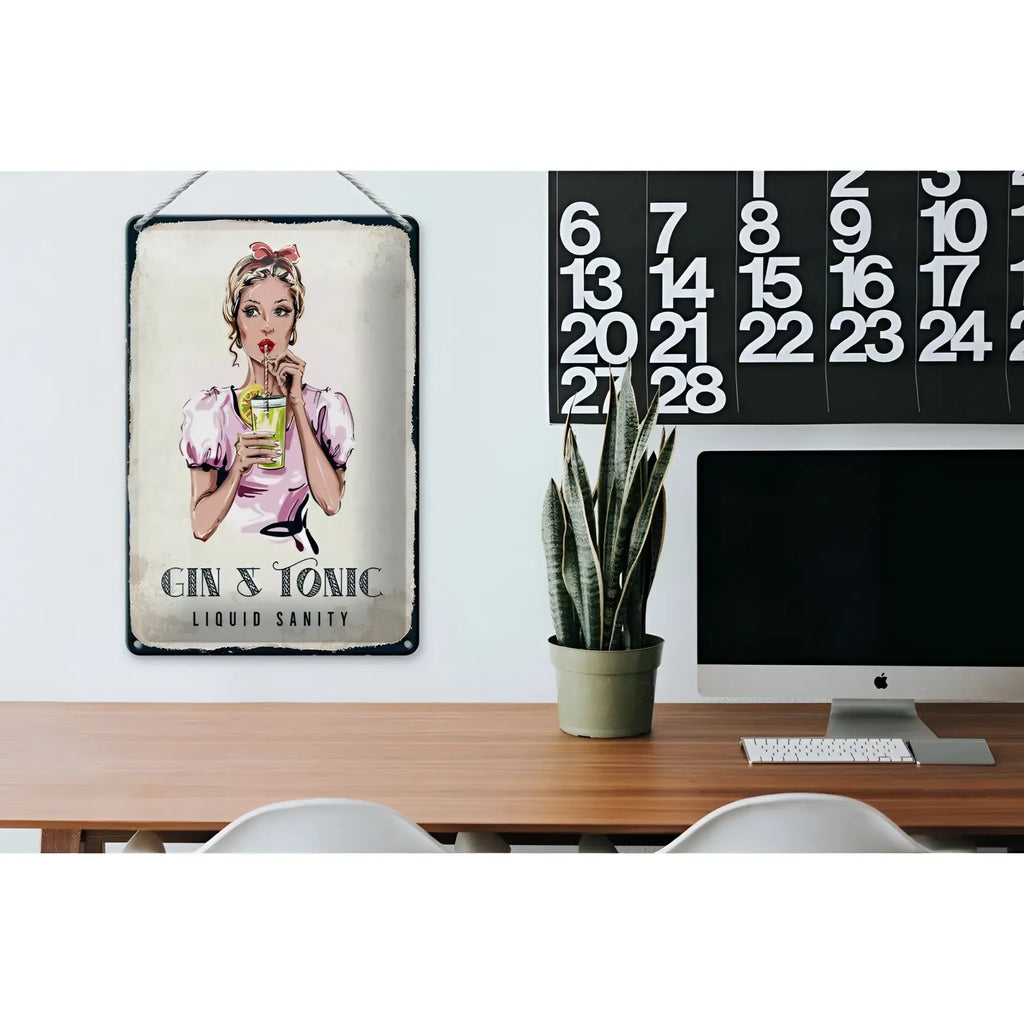 Vintage metal blechschild gin tonic liquid sanity mit frau in pink die gin tonic trinkt 20x30 cm
