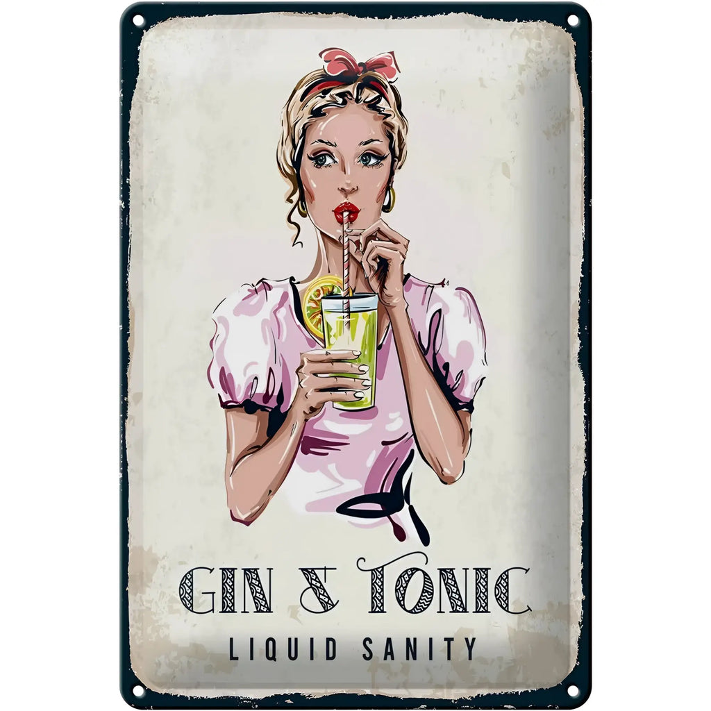 Vintage-blechschild gin tonic liquid sanity 20x30cm mit retro-illustration einer frau in pink beim gin tonic trinken