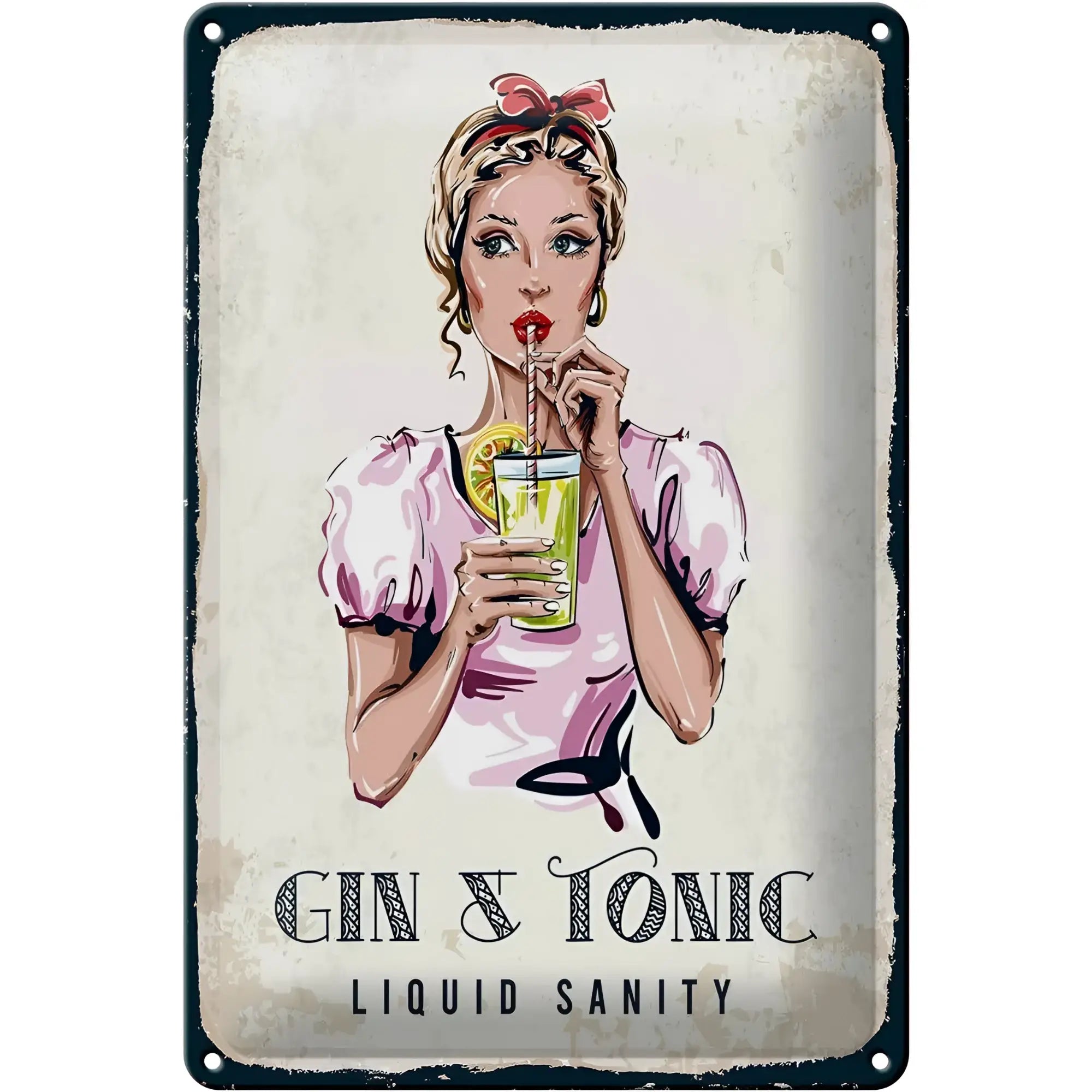 Vintage-blechschild gin tonic liquid sanity 20x30cm mit retro-illustration einer frau in pink beim gin tonic trinken