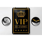 Schwarzes metall blechschild 12x18cm mit goldener vip 18 jahre schrift und krone für geschenk und deko