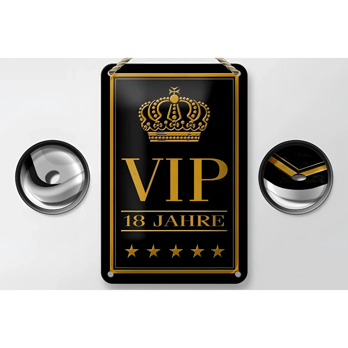 Schwarzes metall blechschild 12x18cm mit goldener vip 18 jahre schrift und krone für geschenk und deko