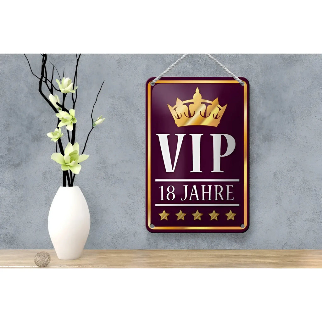 Maroon rechteckiges blechschild vip 18 jahre lila weiß mit gold krone und stern dekoration 12x18cm