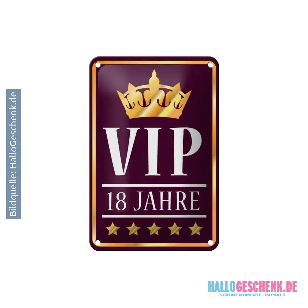 Blechschild Hinweis 12x18cm VIP 18 Jahre lila/weiß Dekoration