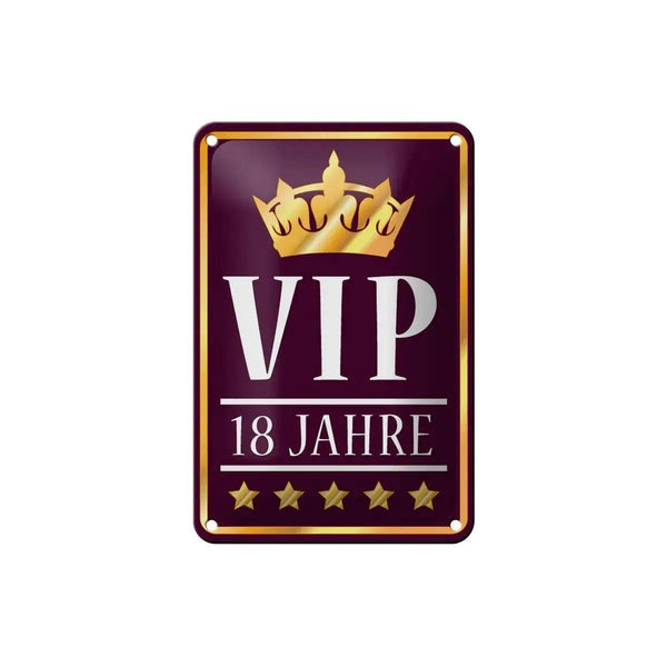Blechschild Hinweis 12x18cm VIP 18 Jahre (lila/weiß) Dekoration - Schilder