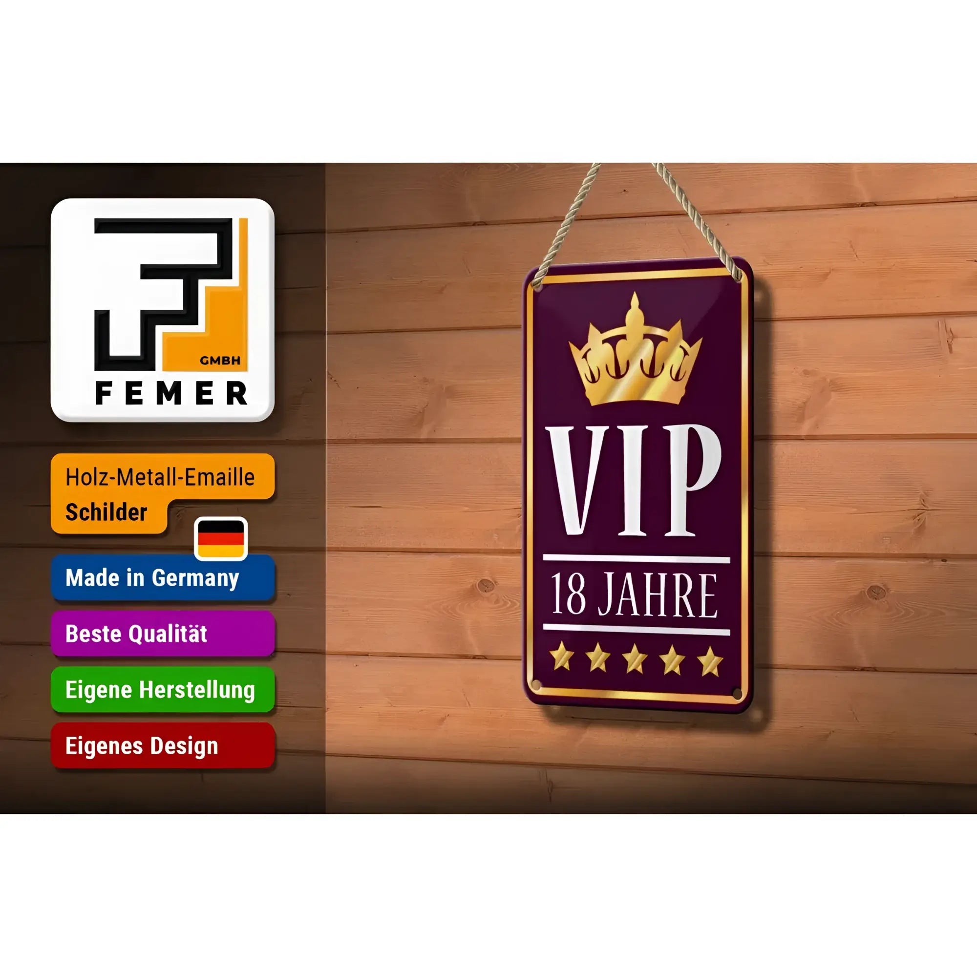 Lila rechteckiges blechschild mit goldkrone und weißen vip 18 jahre schriftzug zur dekoration 12x18cm