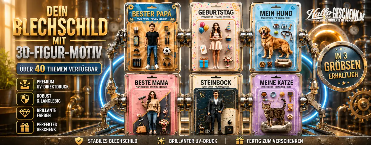 Das Bild zeigt eine Sammlung von sechs bunten, metallisch glänzenden Blisterverpackungen mit 3D-Figuren mit unterschiedlichen Themen wie „besten Papa“, „Geburtstag“ und „meine Katze“.