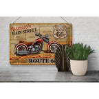 Vintage blechschild 30x20cm mit rotem chrom motorrad auf altem route 66 amerika karte