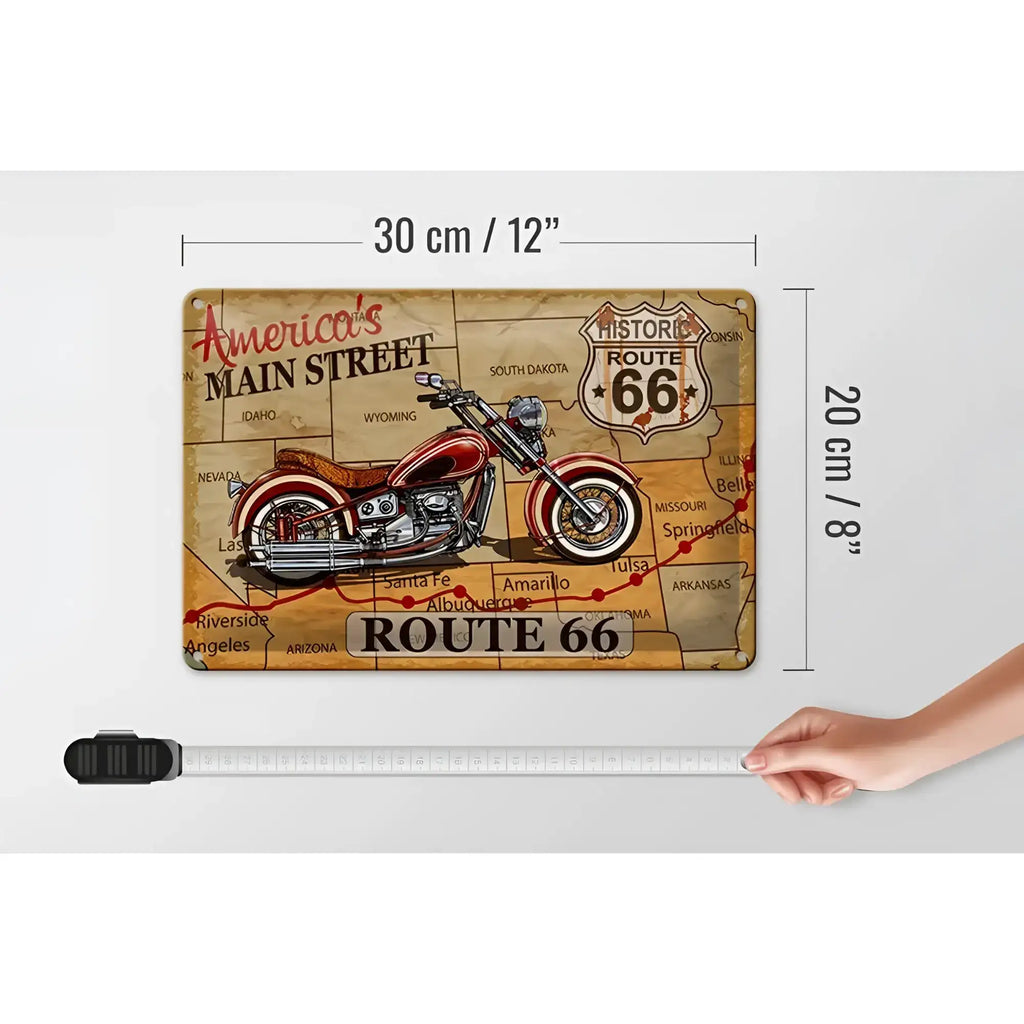 Vintage blechschild mit rotem und chrom motorcycle auf alter route 66 karte 30x20 cm