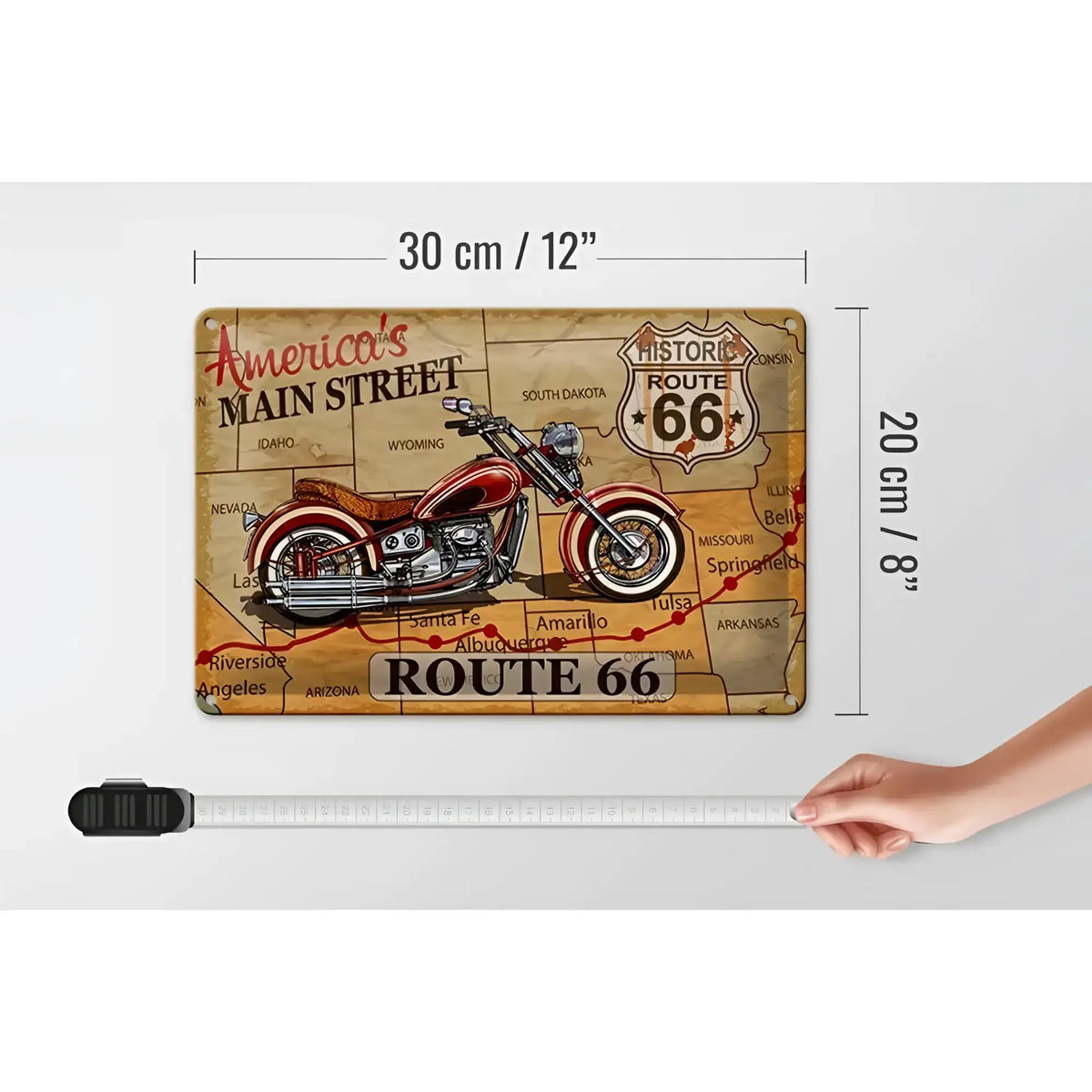 Vintage blechschild mit rotem und chrom motorcycle auf alter route 66 karte 30x20 cm