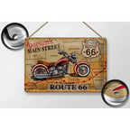 Vintage blechschild mit rotem chrom motorrad auf route 66 karte 30x20cm amerikas main street