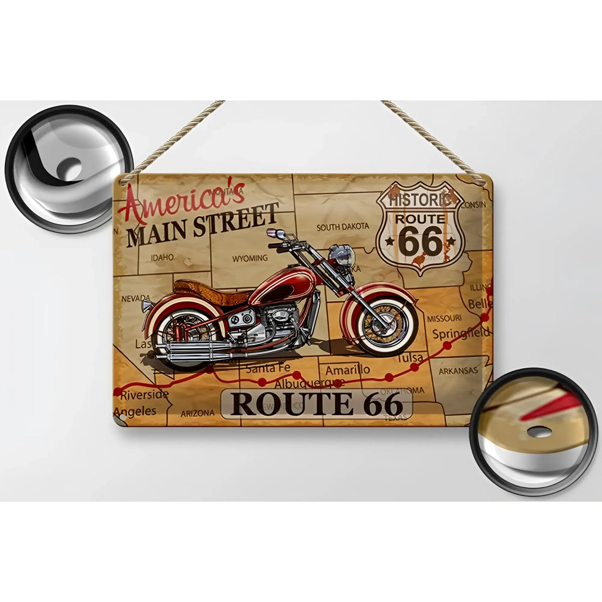 Vintage blechschild mit rotem chrom motorrad auf route 66 karte 30x20cm amerikas main street