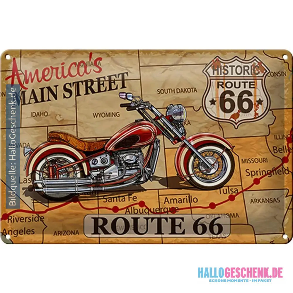Blechschild Motorrad 30x20cm America`s main street route 66