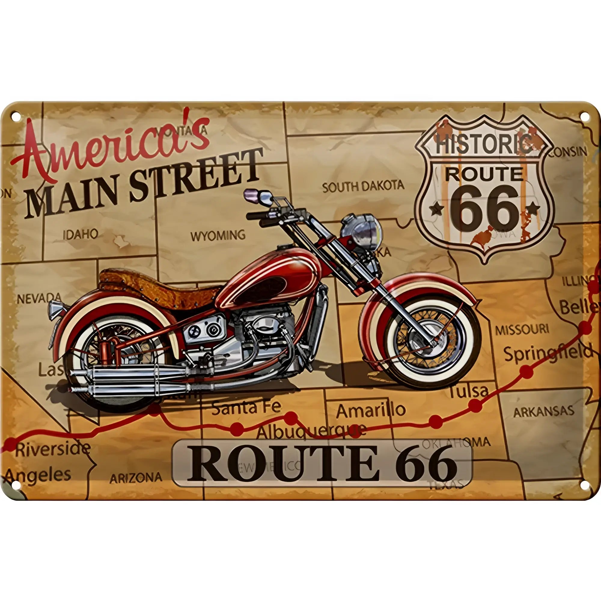 Vintage blechschild 30x20cm mit rotem chrom motorrad auf gealterter route 66 karte aus metall