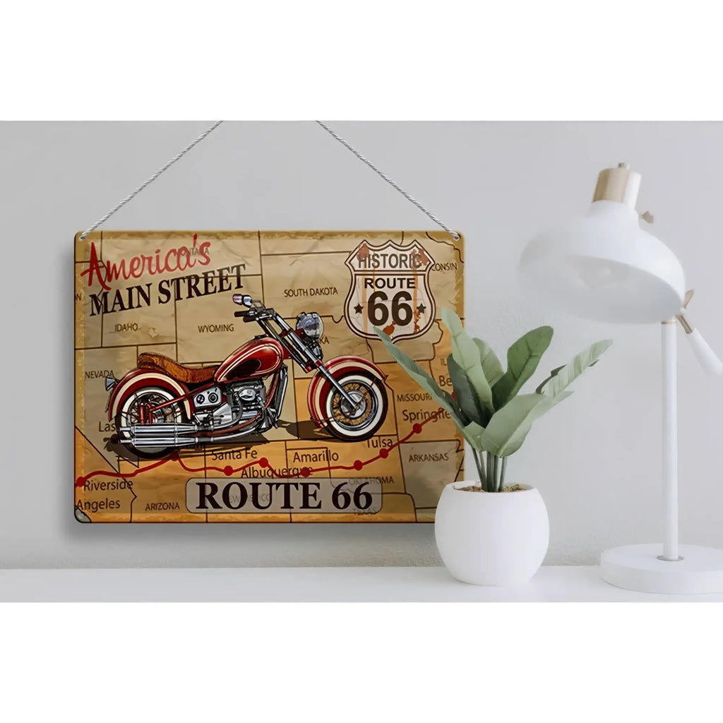 Vintage-blechschild motorrad 40x30cm mit rotem chrom-motorrad auf altem route 66 karte deko-schild