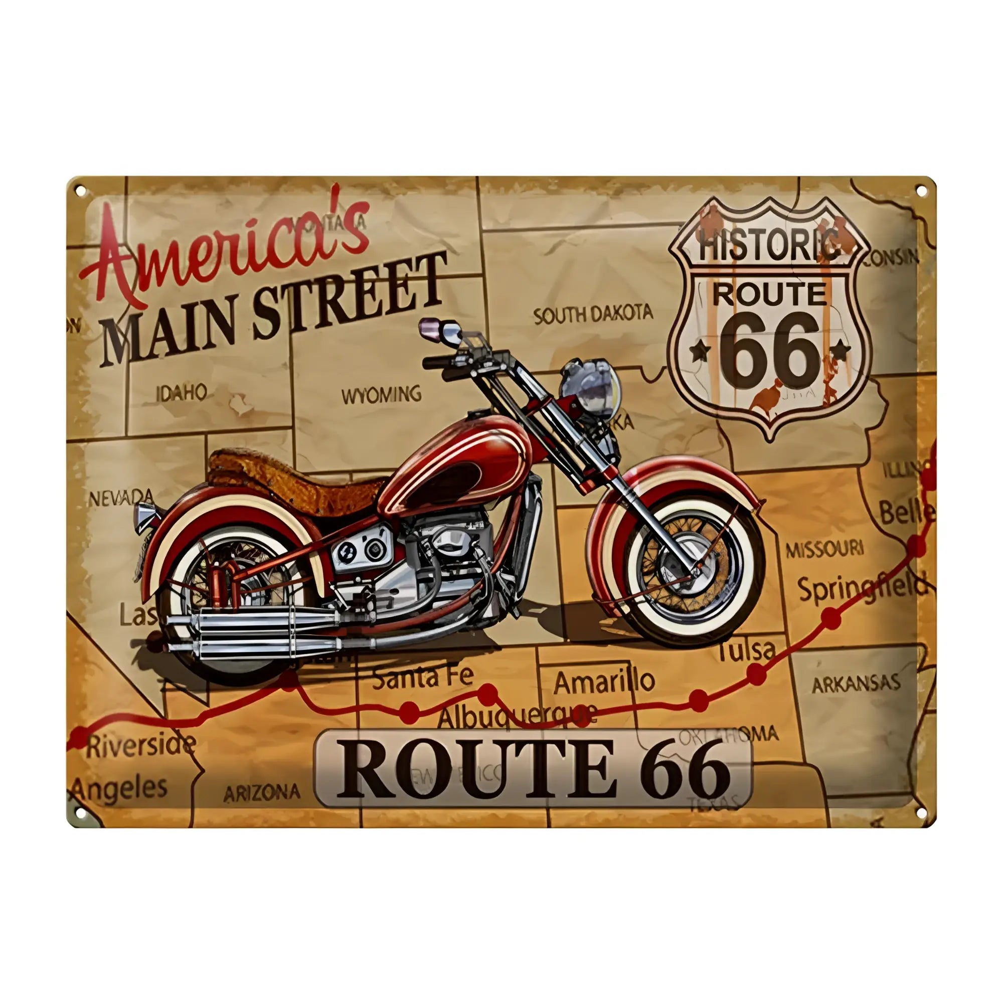 Vintage blechschild mit rotem chrom motorrad und gealterter route 66 karte als dekoratives wandbild