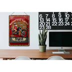 Rotes vintage blechschild 20x30cm mit bikerin auf chrommotorrad für garage retro stil mit goldrand und used look