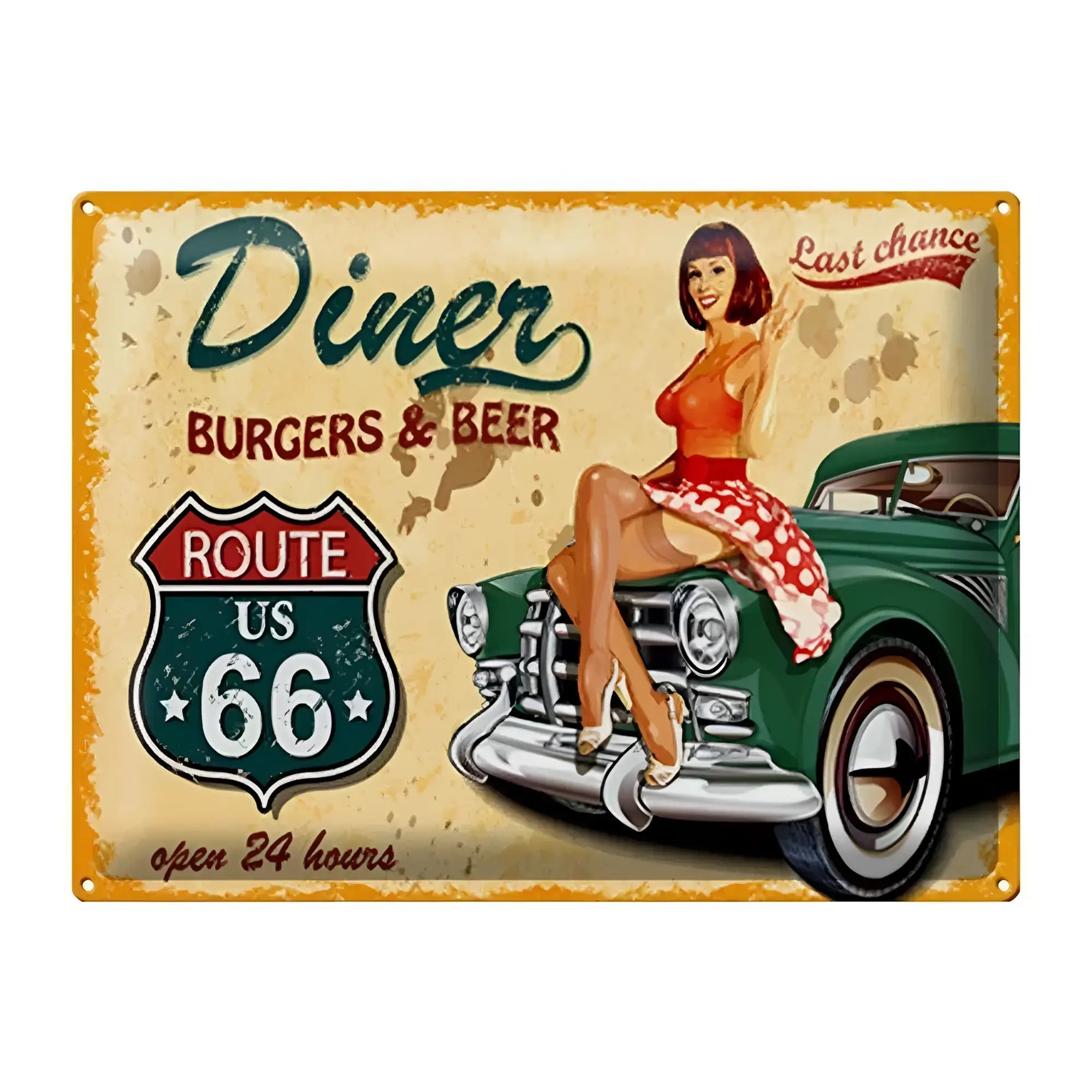 Vintage metall blechschild 40x30cm mit retro frau in orange und rot auf grünem auto für diner burger und beer
