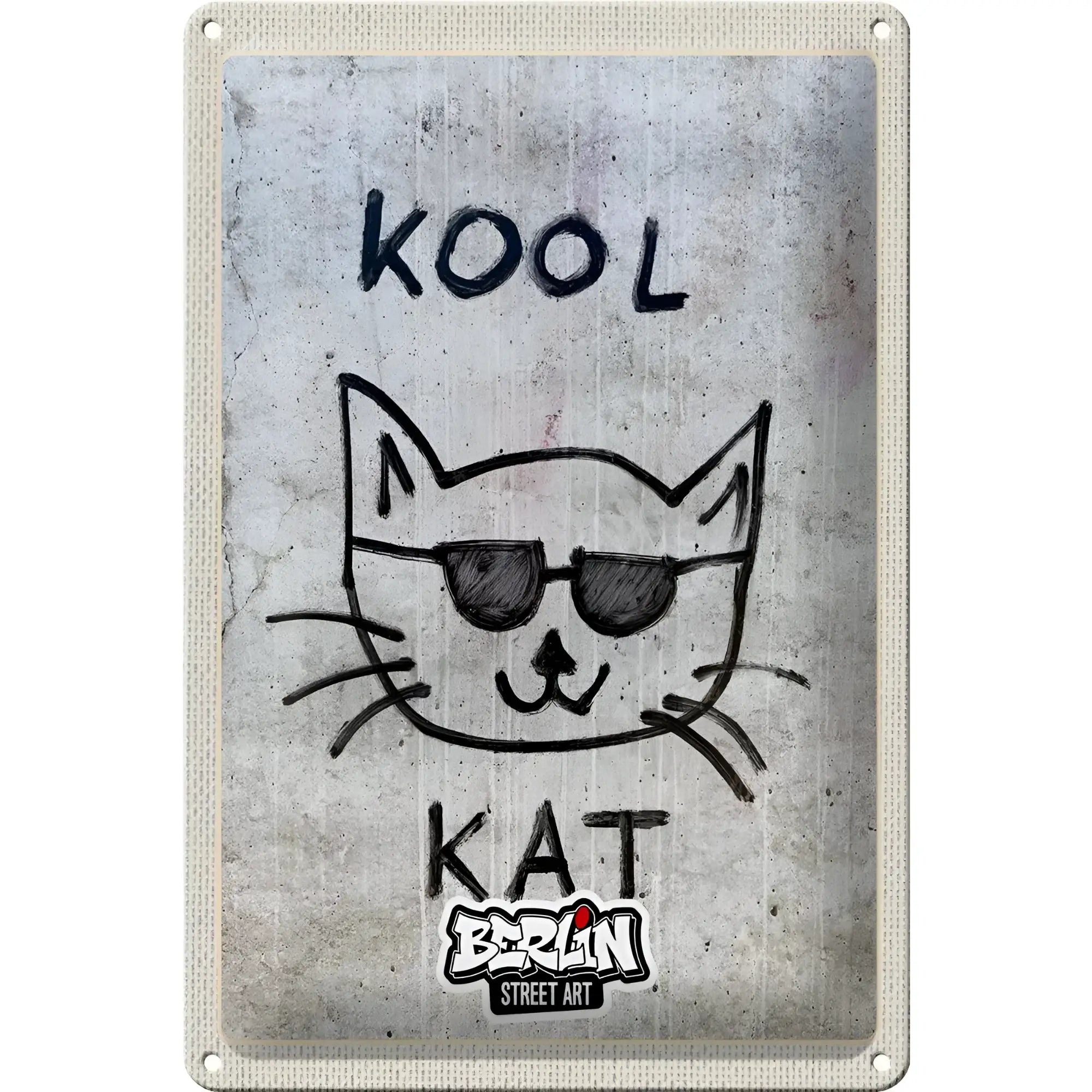 Graues blechschild 20x30cm mit schwarzer cartoonkatze in sonnenbrille und beschriftung kool kat street art berlin