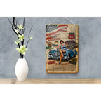 Vintage blechschild 12x18cm mit retro amerikanischem route 66 design und frau in blauem kleid auf oldtimer