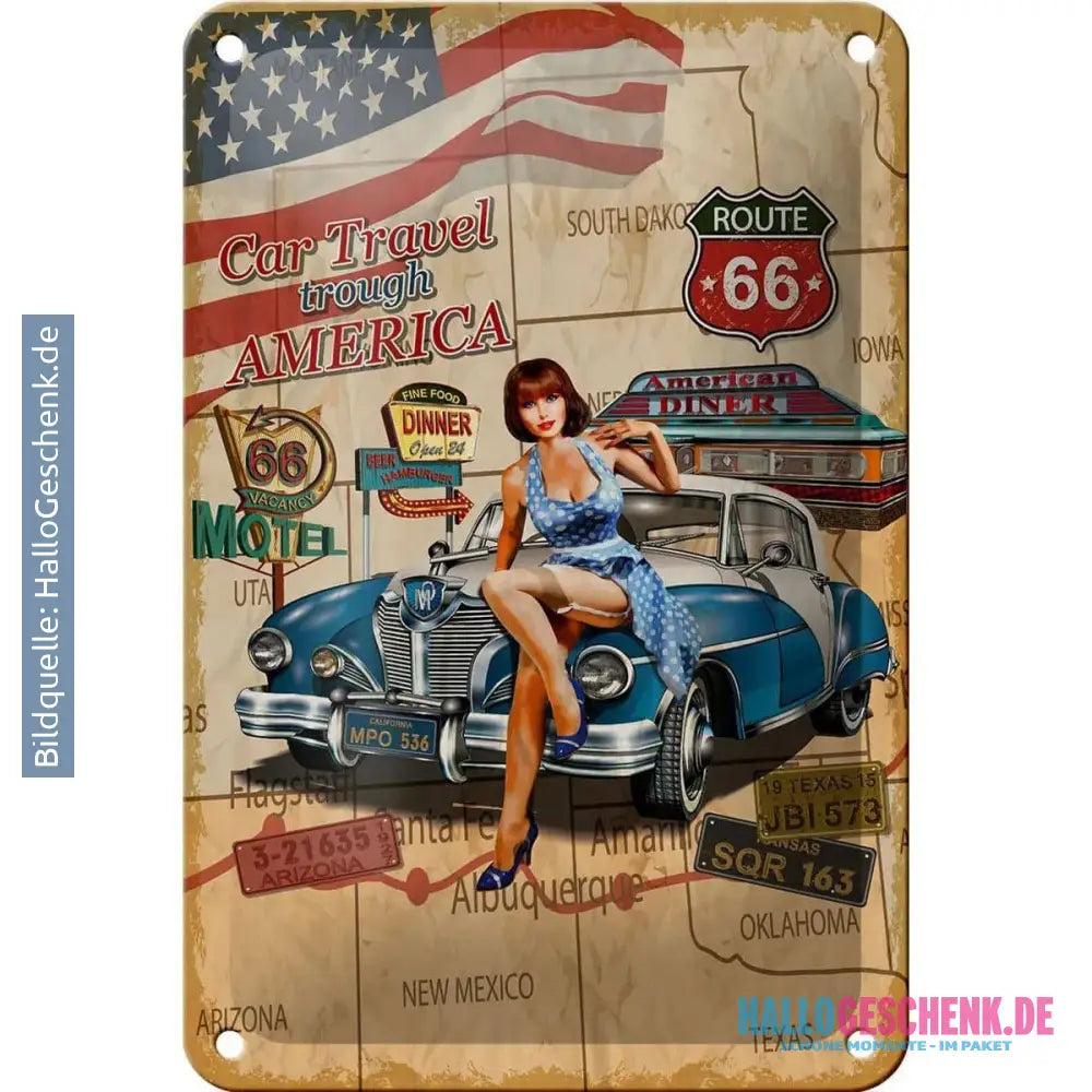 Blechschild Retro 12x18cm Pinup Car Travel trough America Dekoration