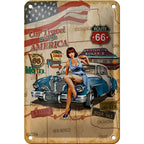Blechschild retro 12x18cm mit blauem silbernem oldtimer und route 66 karte für amerika reise deko