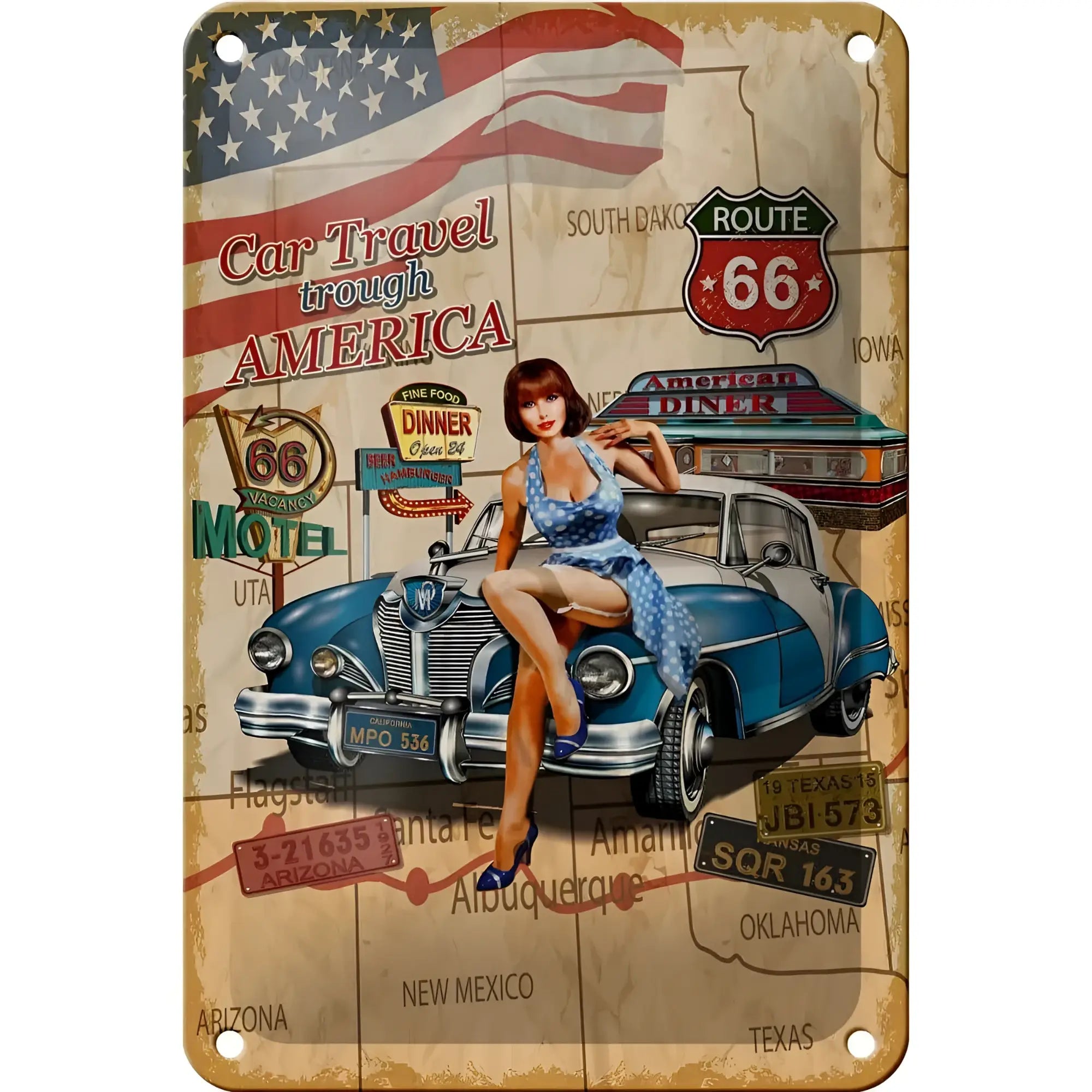 Blechschild retro 12x18cm mit blauem silbernem oldtimer und route 66 karte für amerika reise deko