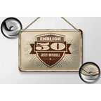 Vintage-stil blechschild 18x12cm mit distressed beige braunen farben und text endlich 50 jetzt offiziell im wappenschild