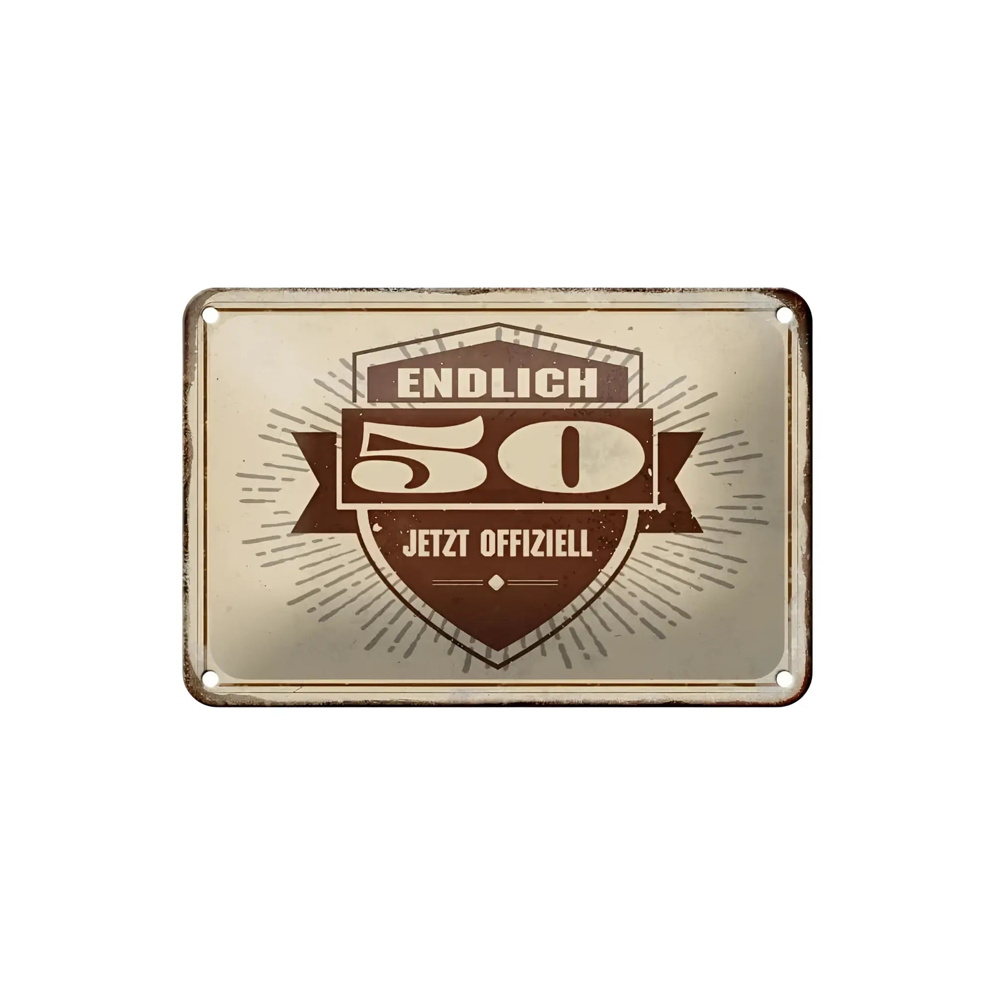 Vintage-style rechteckiges blechschild 18x12cm mit distressed creme-braunem design und text endlich 50 jetzt offiziell