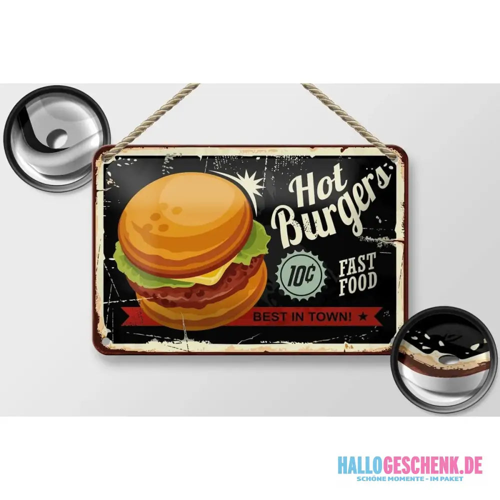 Blechschild Retro 18x12cm Hot burgers best in town Dekoration