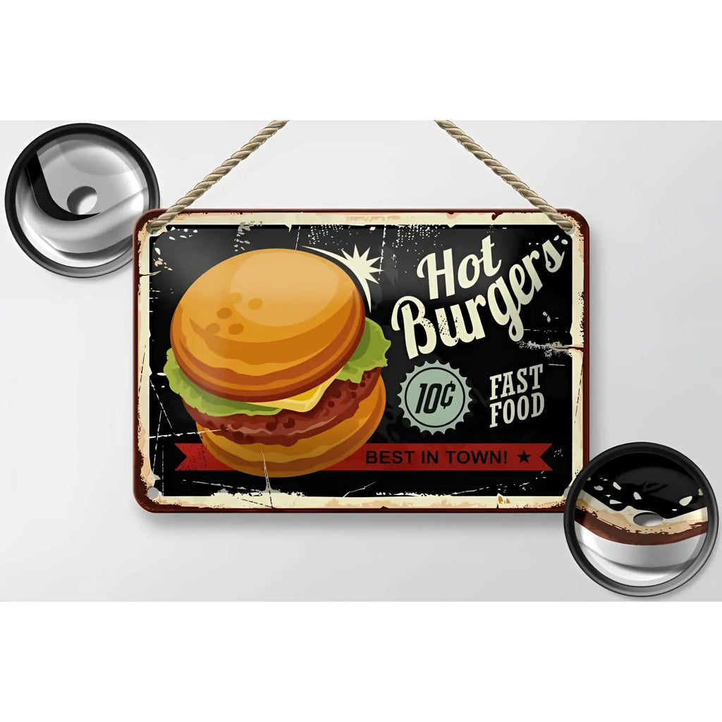 Vintage schwarzes blechschild 18x12cm mit bunter burger illustration und retro text hot burgers 10 cent zur dekoration