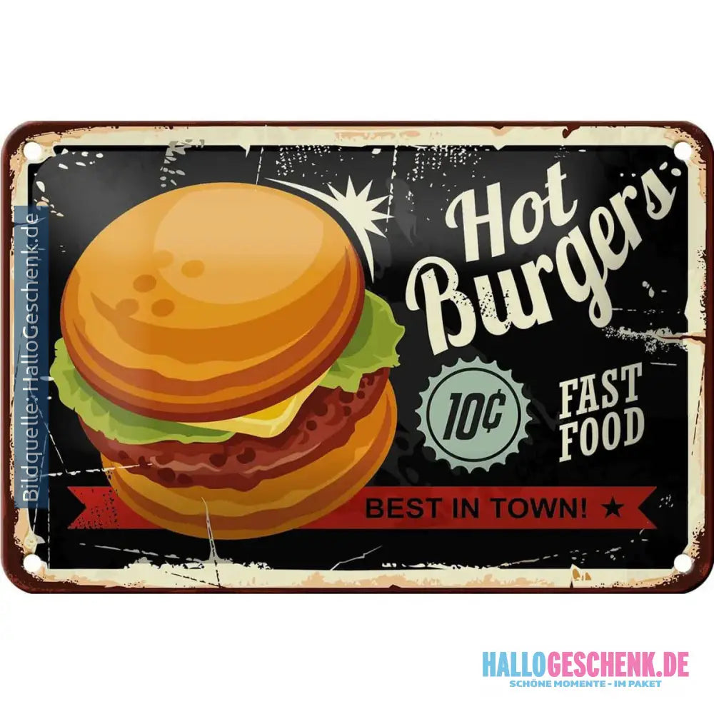 Blechschild Retro 18x12cm Hot burgers best in town Dekoration