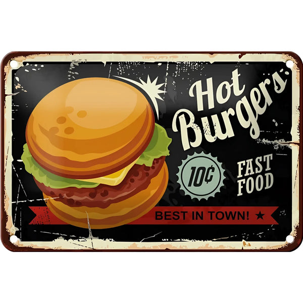 Rustikales schwarzes blechschild mit bunter illustration eines klassischen cheeseburgers in 18x12cm zur dekoration