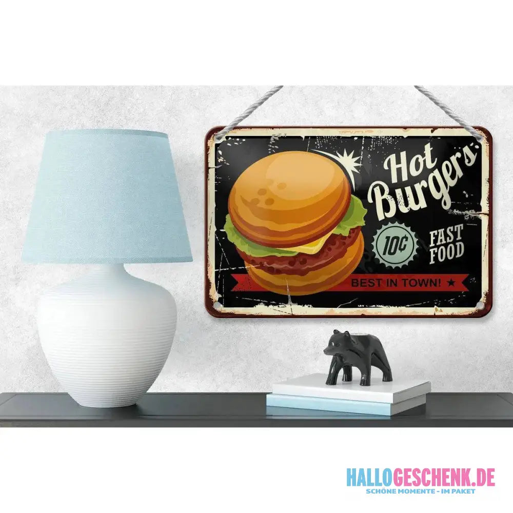 Blechschild Retro 18x12cm Hot burgers best in town Dekoration