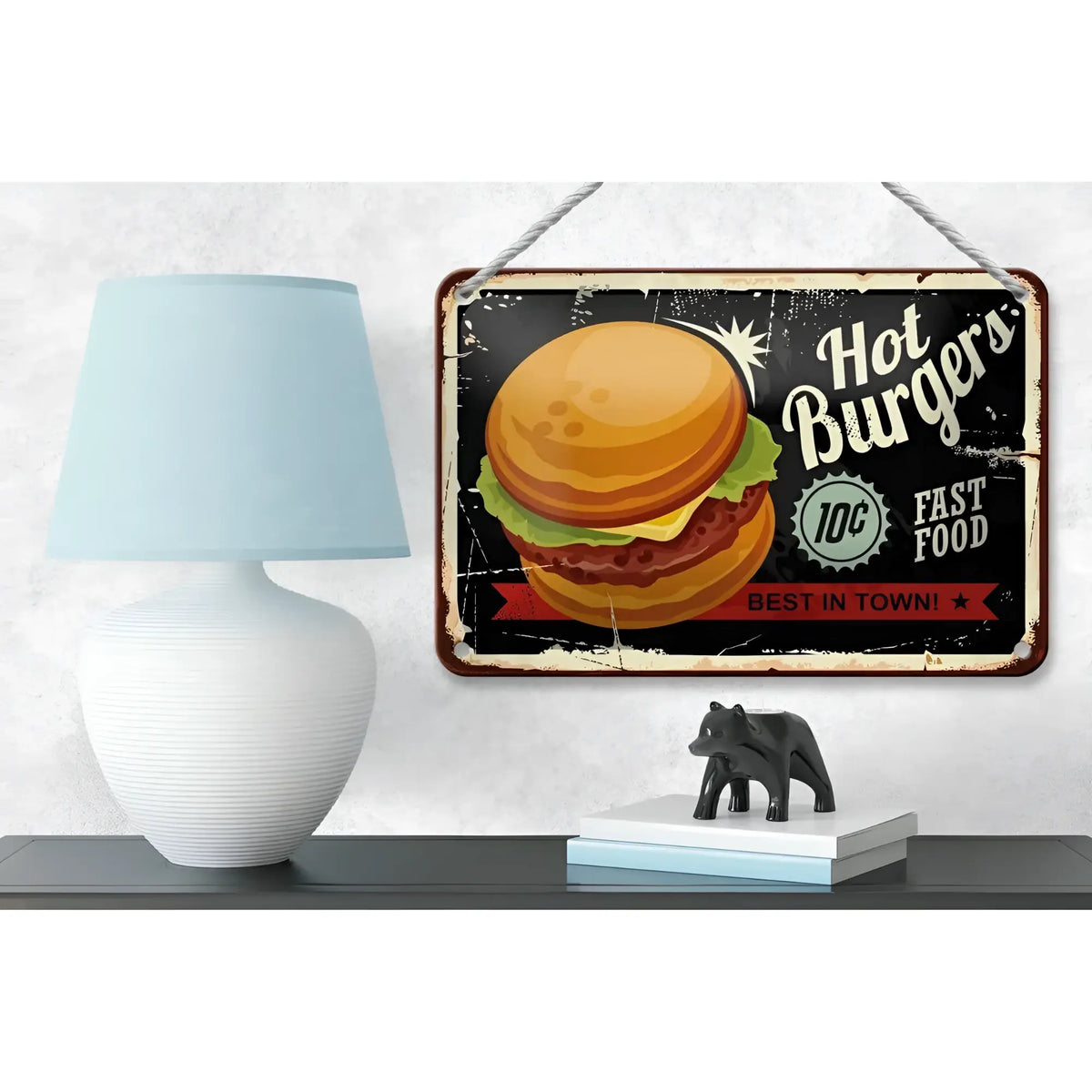 Vintage blechschild 18x12cm mit schwarzem hintergrund und buntem hot burger motiv für retro dekoration
