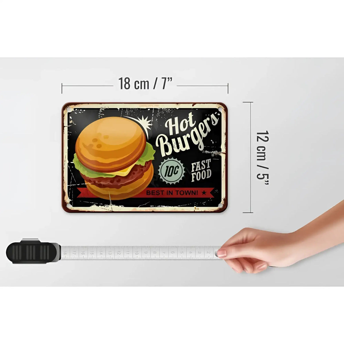 Rustikales blechschild 18x12cm mit buntem goldbraunem burger und vintage weißer schrift hot burgers beste qualität