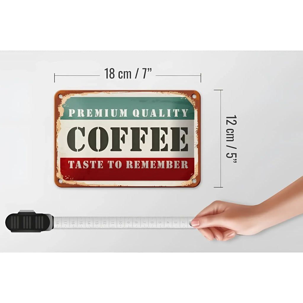 Vintage-style rechteckiges blechschild 18x12cm mit grün-weiß-rotem kaffeedesign und text premium quality coffee
