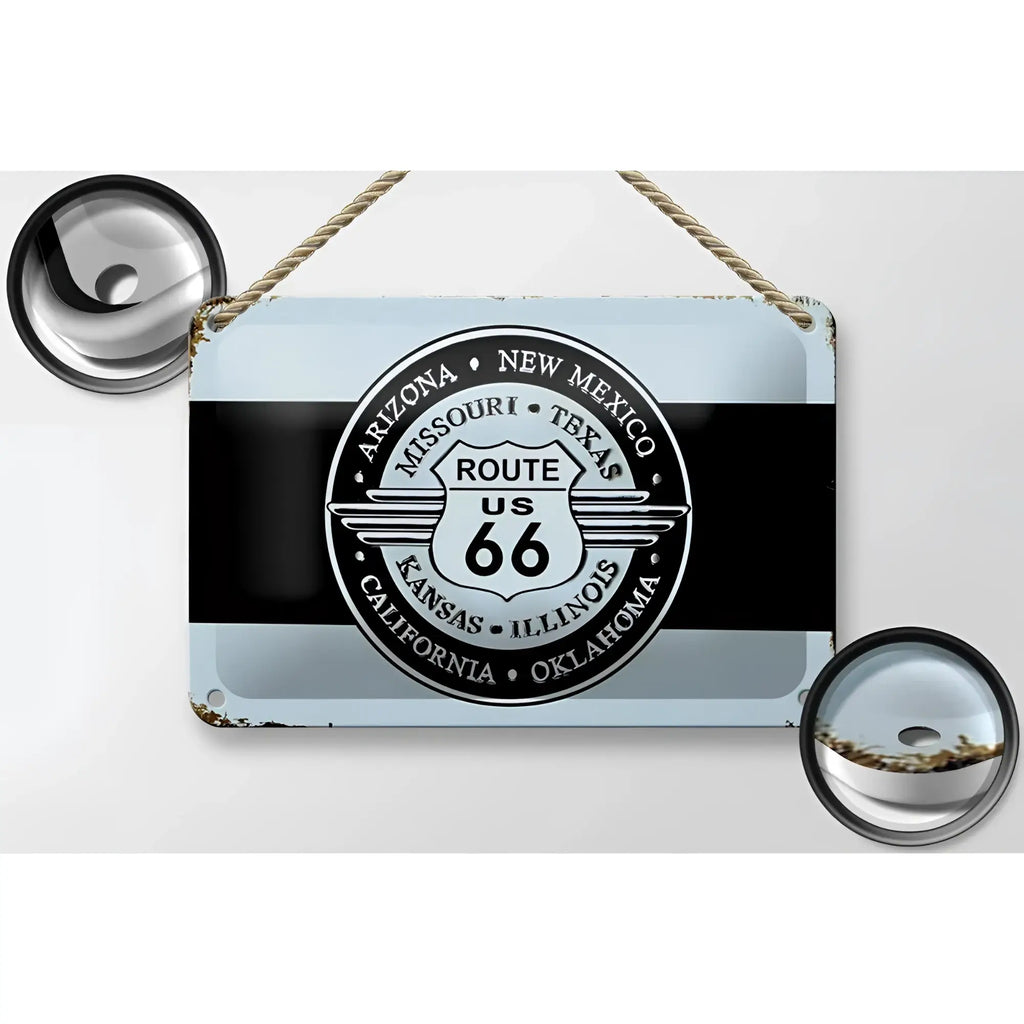 Blechschild retro 18x12cm vintage-style route 66 metalschild in hellblau und schwarz mit us 66 schild und staatennamen