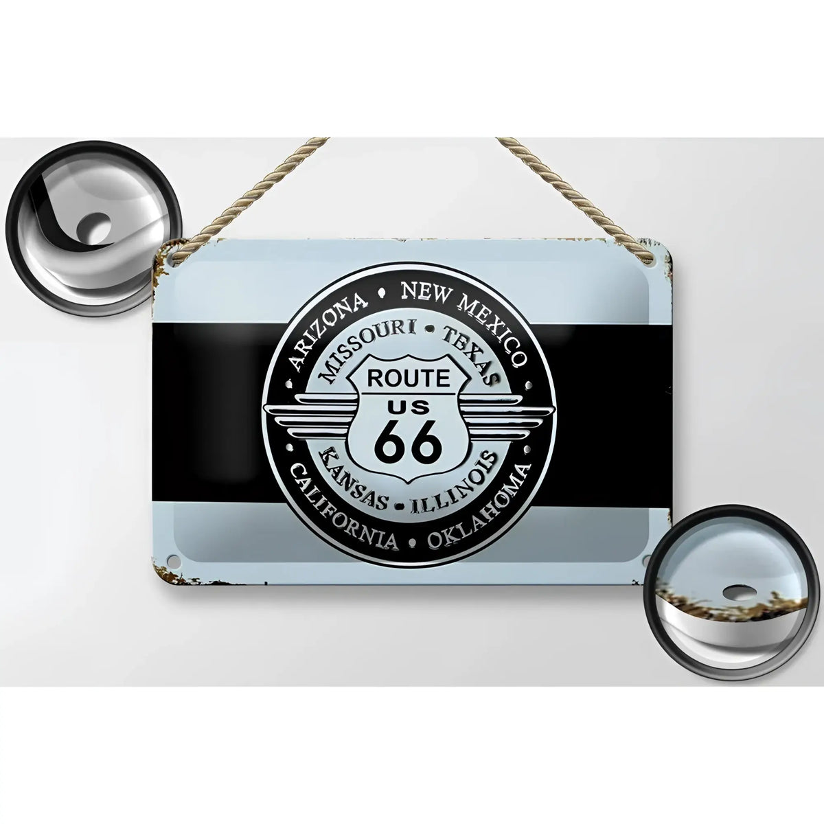 Blechschild retro 18x12cm vintage-style route 66 metalschild in hellblau und schwarz mit us 66 schild und staatennamen