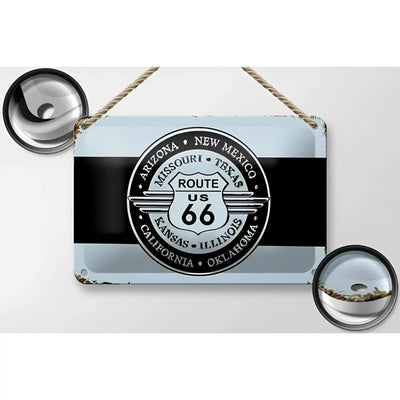 Blechschild retro 18x12cm vintage-style route 66 metalschild in hellblau und schwarz mit us 66 schild und staatennamen