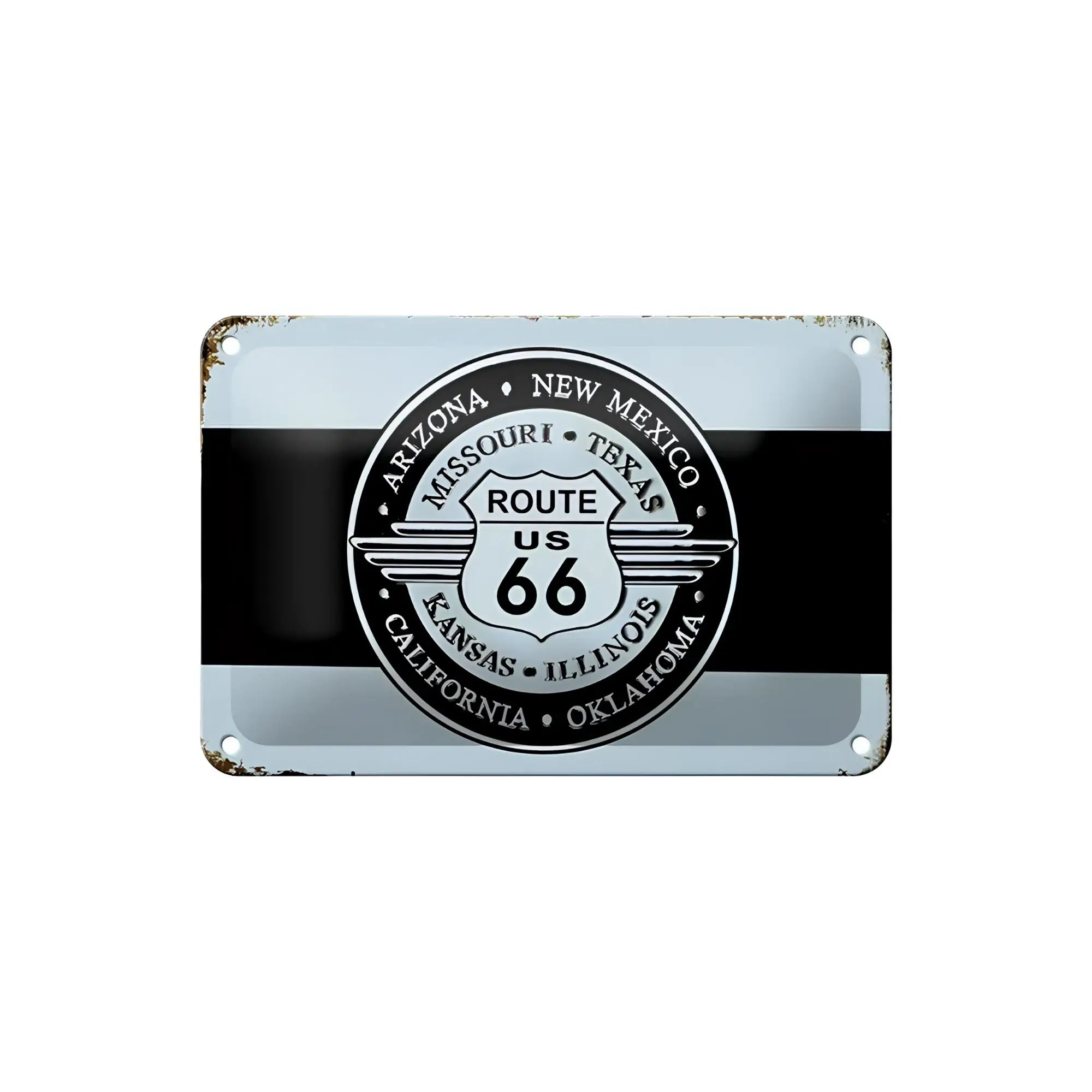 Blechschild retro 18x12cm mit vintage route 66 motiv in weiß mit schwarzem streifen und emblem der us-staaten
