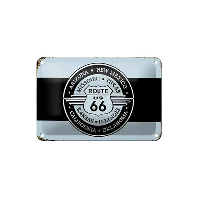 Blechschild retro 18x12cm mit vintage route 66 motiv in weiß mit schwarzem streifen und emblem der us-staaten