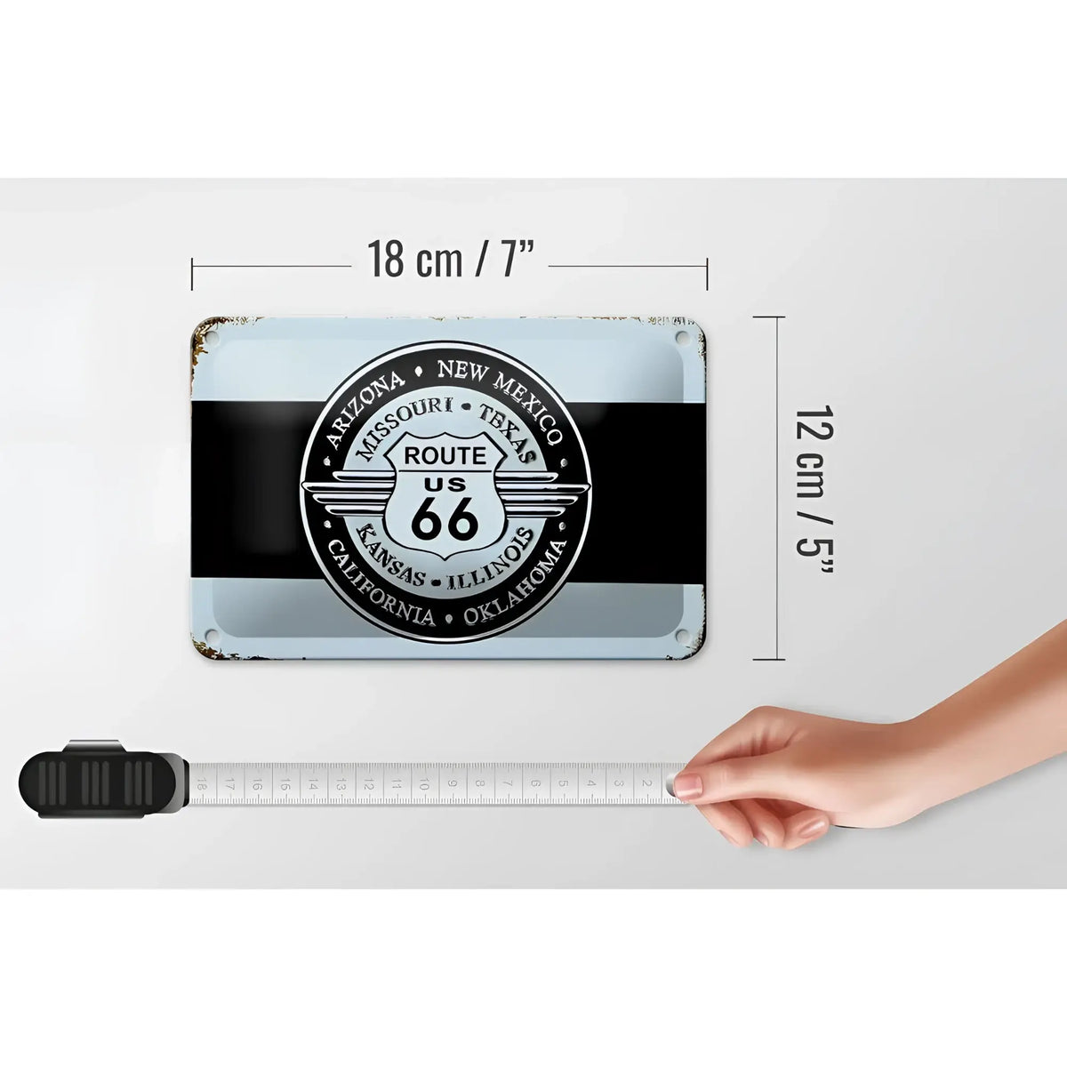 Vintage metall blechschild 18x12cm mit route 66 schild und blau schwarzem design für usa dekoration