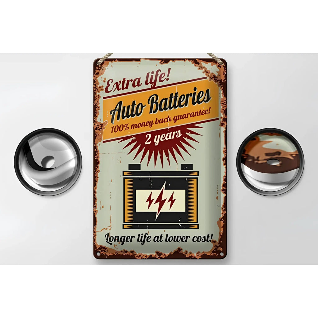 Rustikales vintage-blechschild 20x30cm aus metall mit wettereffekt und auffälligem orange-schwarz-creme text für autobatterien