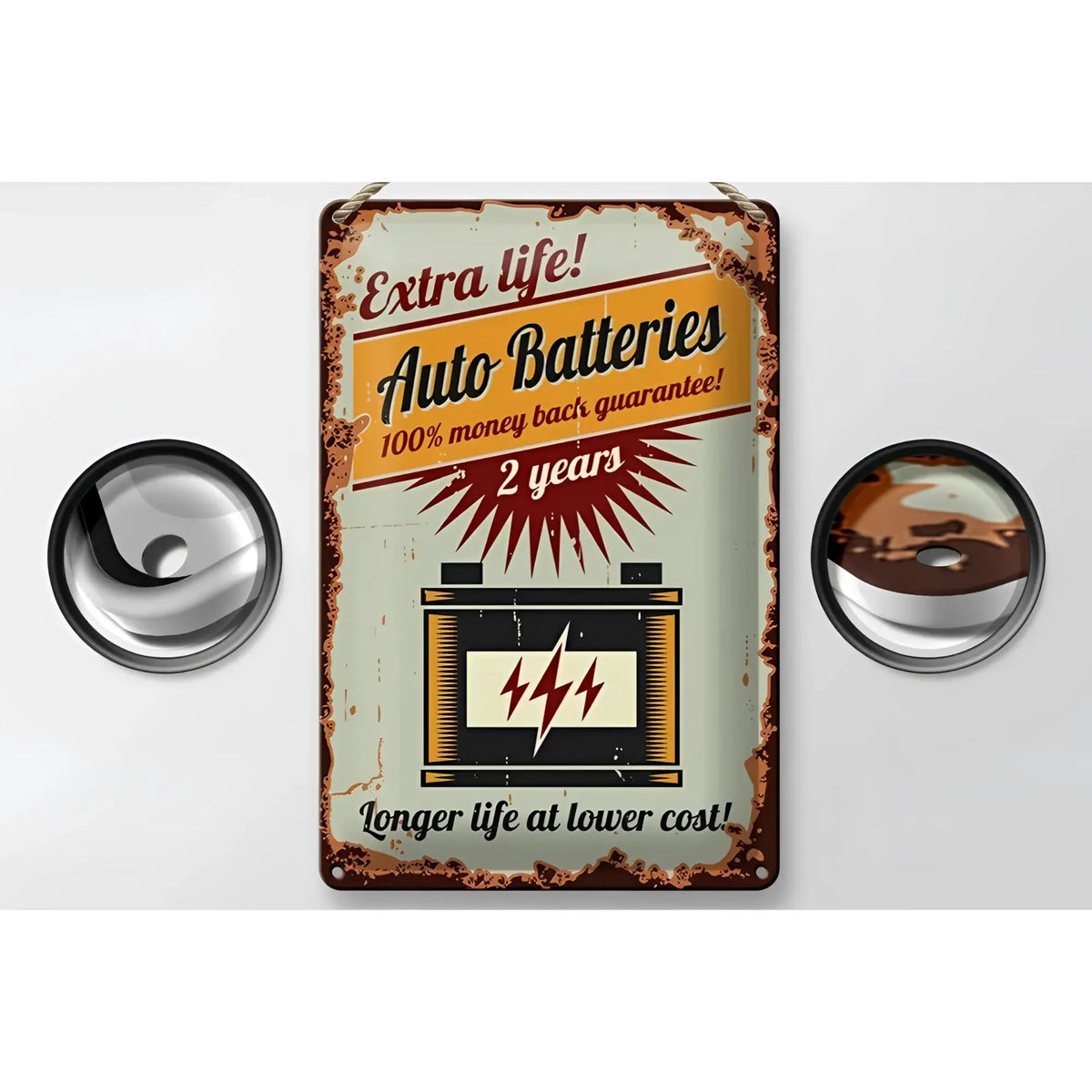 Rustikales vintage-blechschild 20x30cm aus metall mit wettereffekt und auffälligem orange-schwarz-creme text für autobatterien