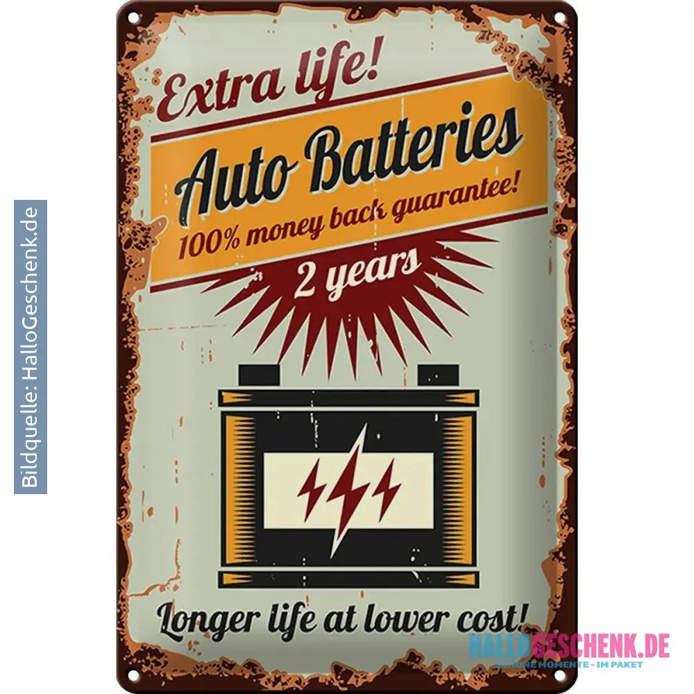 Blechschild Retro 20x30cm Auto Batteries extra life