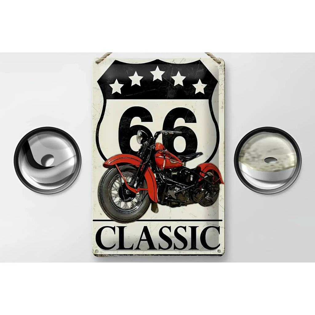 Vintage metall blechschild 20x30cm mit rotem classic motorrad und route 66 schild mit 5 sternen