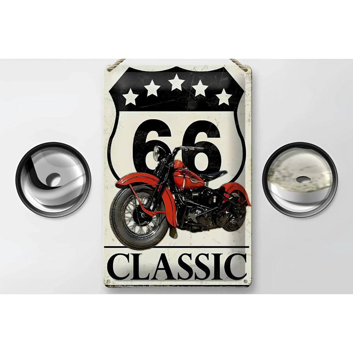 Vintage metall blechschild 20x30cm mit rotem classic motorrad und route 66 schild mit 5 sternen