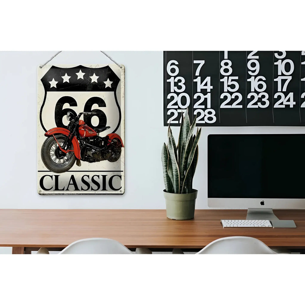 Vintage blechschild 20x30cm mit rotem klassischem motorrad im schwarz weißen route 66 schilddesign