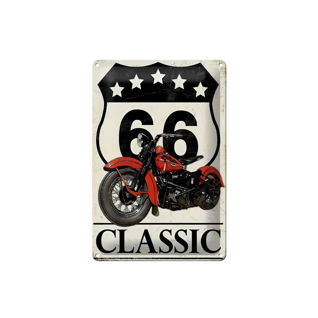 Vintage blechschild 20x30cm mit rotem classic motorrad und route 66 schild im retro stil