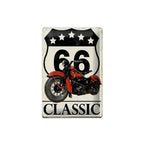 Vintage blechschild 20x30cm mit rotem classic motorrad und route 66 schild im retro stil